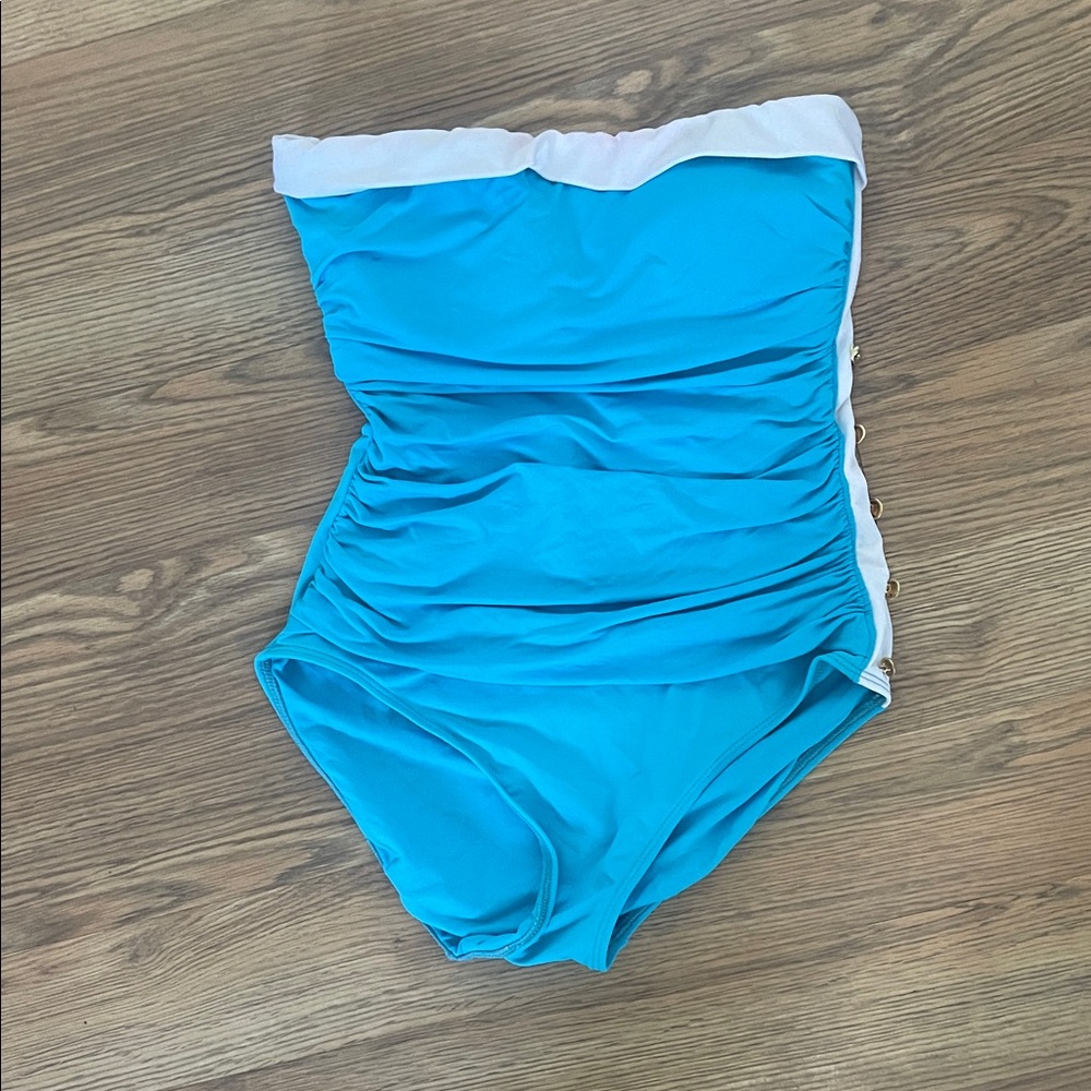 Ralph Lauren Turquoise and White Strapless One-Piece Swimsuit